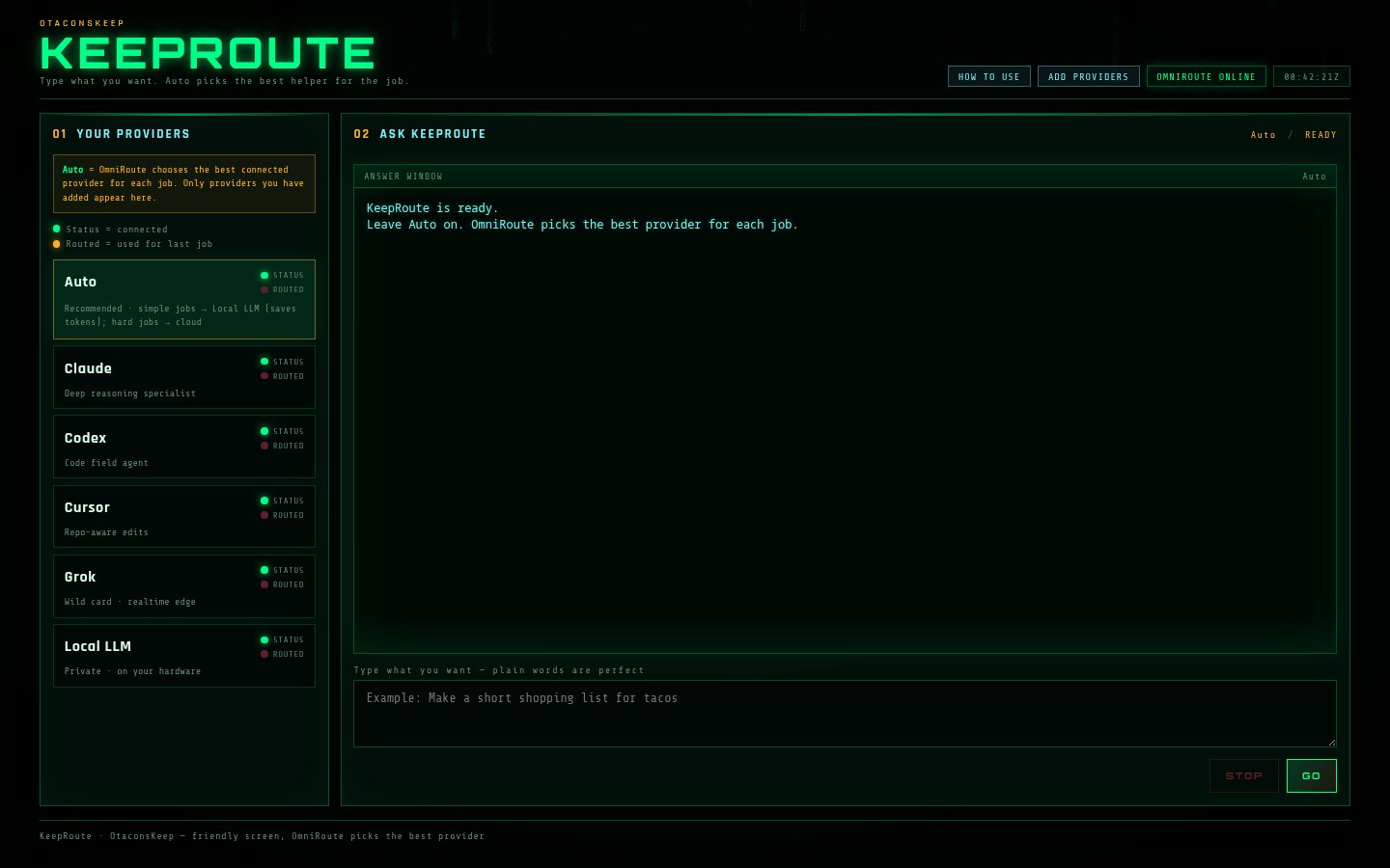 KeepRoute main screen with providers and ask panel