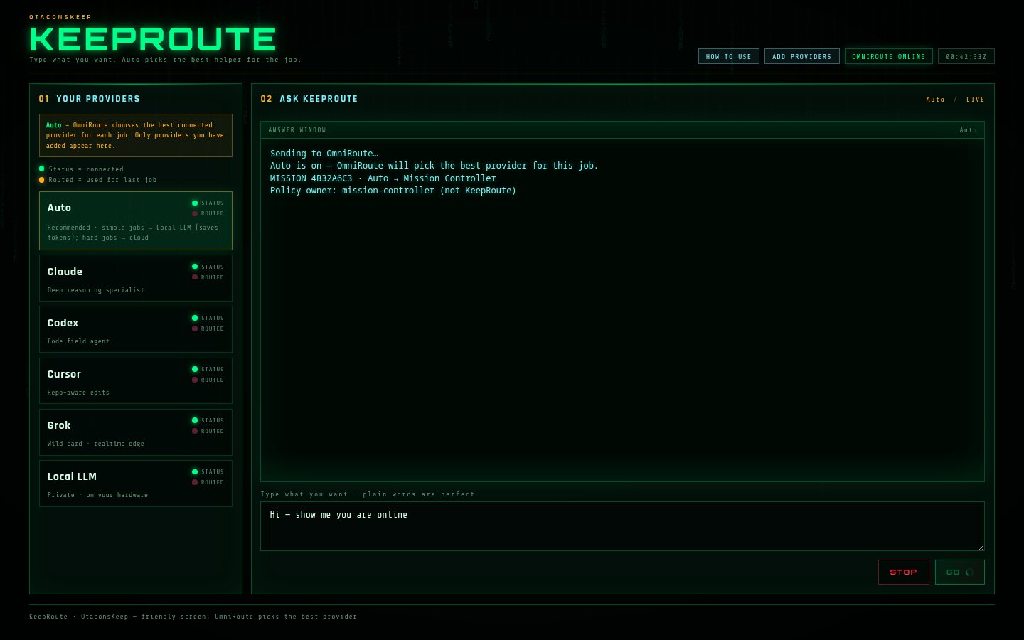 KeepRoute streaming a mission through OmniRoute