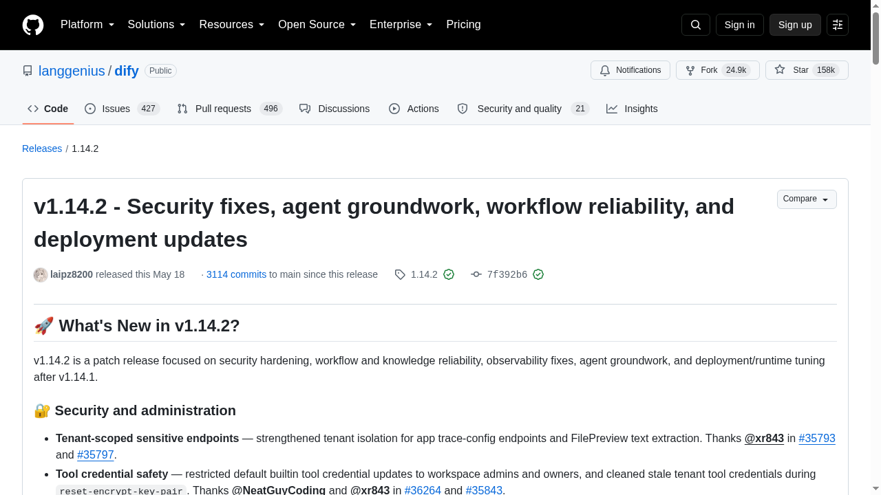 v1.14.2 - Security fixes, agent groundwork, workflow reliability, and deployment updates