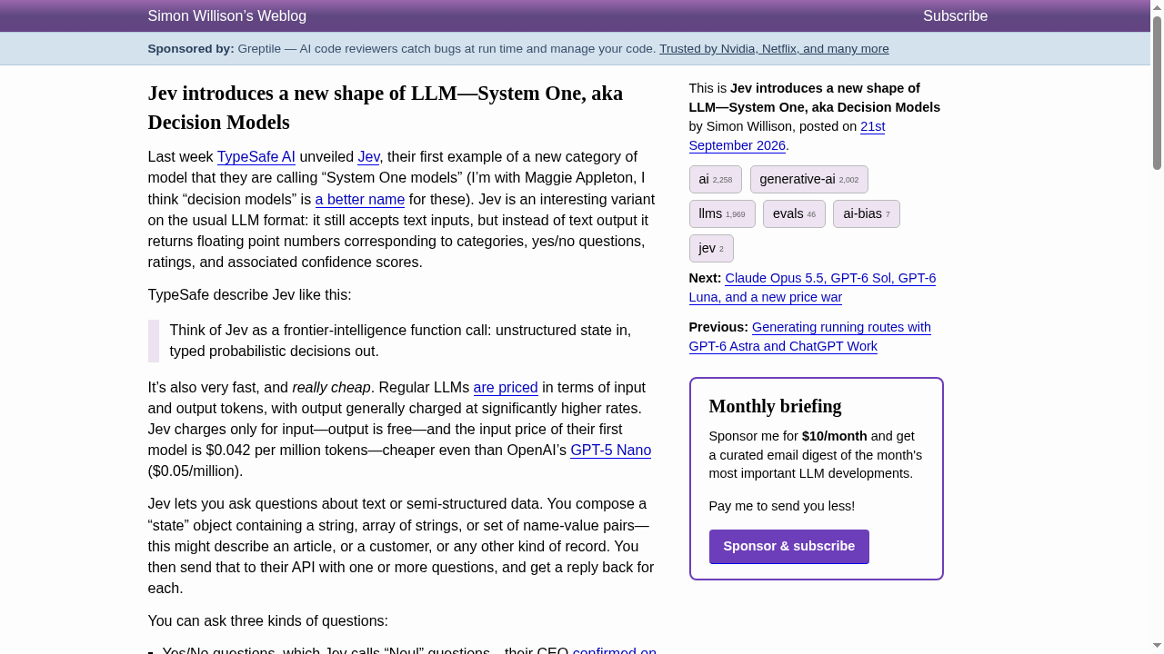 Jev introduces a new shape of LLM - System One, aka Decision Models