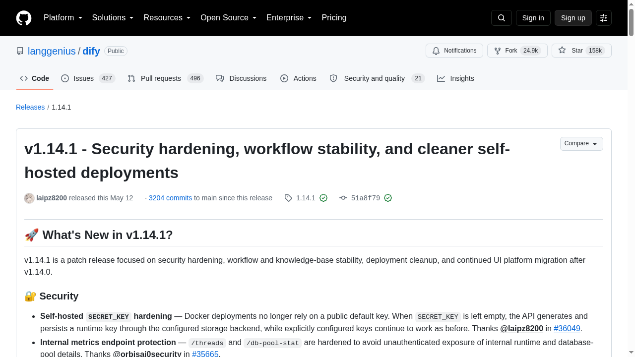 v1.14.1 - Security hardening, workflow stability, and cleaner self-hosted deployments