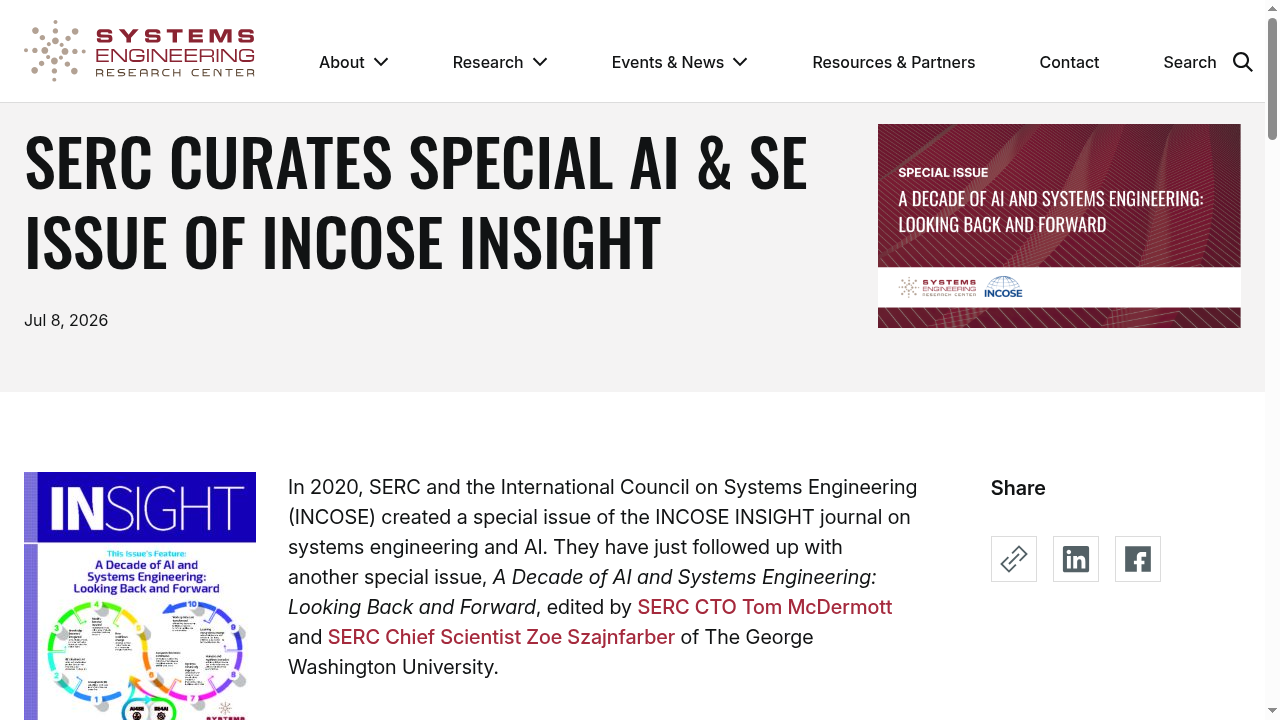 SERC Curates Special AI & SE Issue of INCOSE INSIGHT