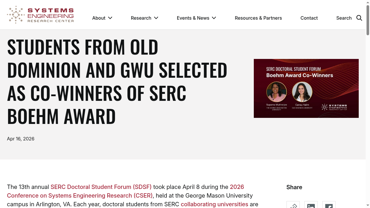Students from Old Dominion and GWU Selected as Co-winners of SERC Boehm Award