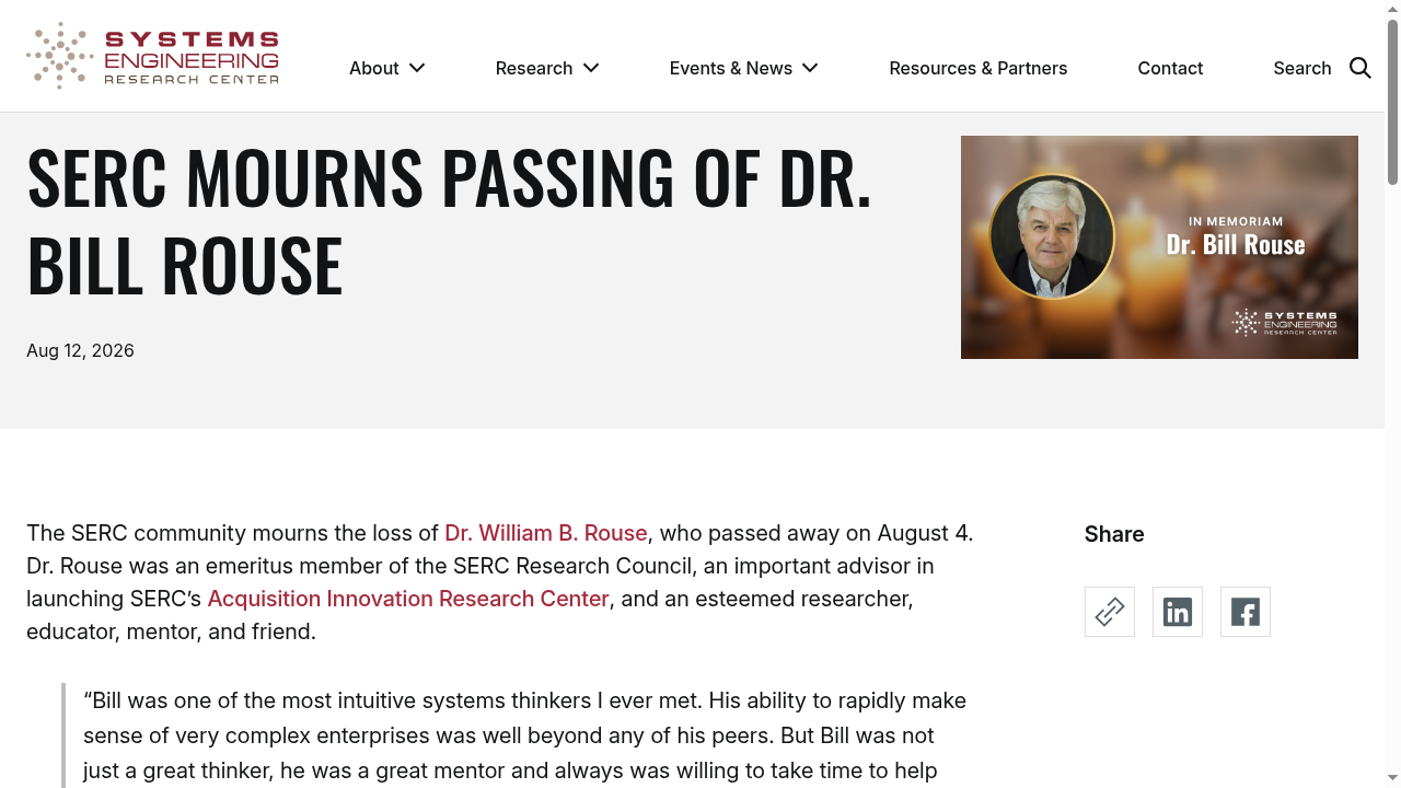 SERC Mourns Passing of Dr. Bill Rouse