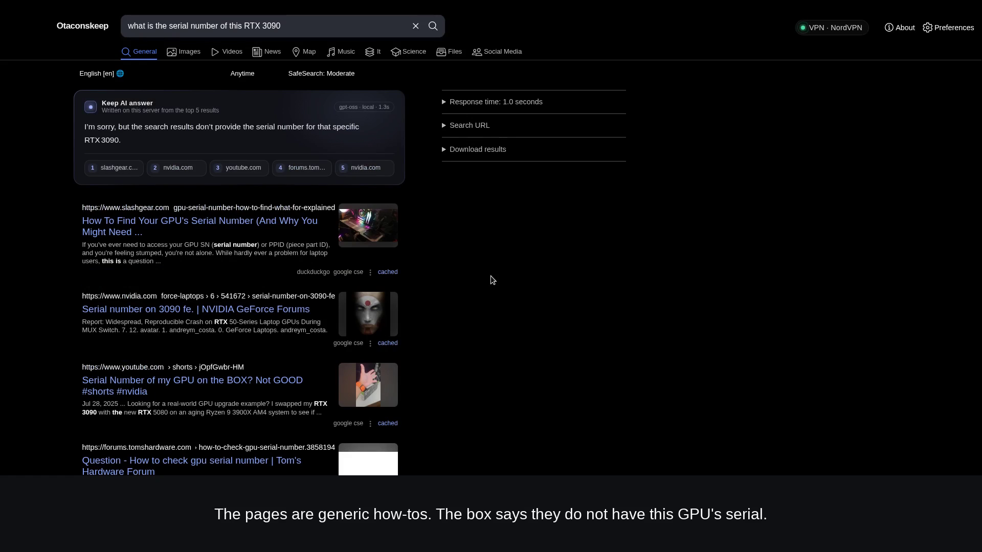 The answer box says the search results do not provide the serial number for that specific RTX 3090. Timer reads 1.2 seconds.