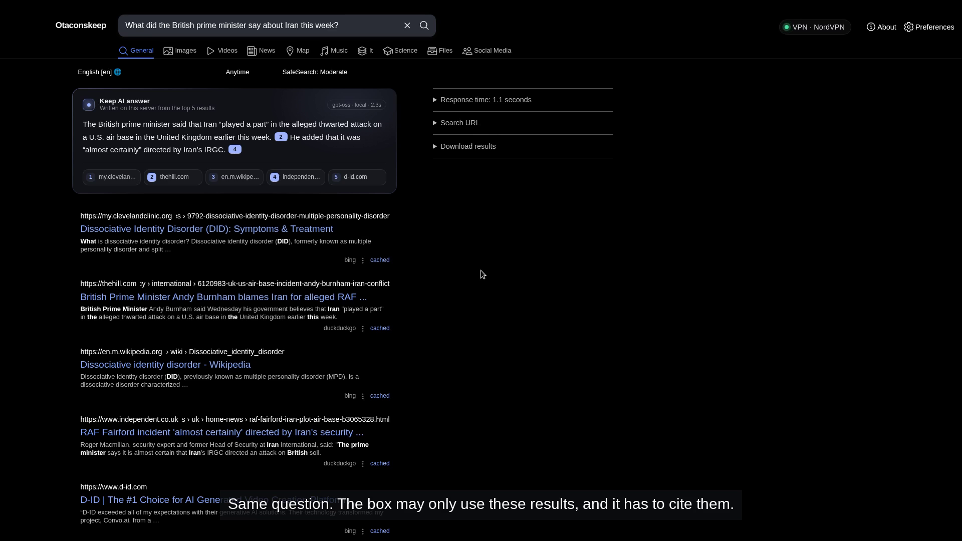 Otaconskeep search results with a Keep AI answer that cites The Hill and The Independent, and leaves the unrelated medical pages uncited.